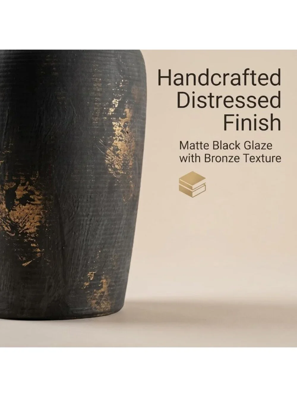 Large Matte Black Vintage Ceramic Flower Vase - Distressed Bronze Farmhouse